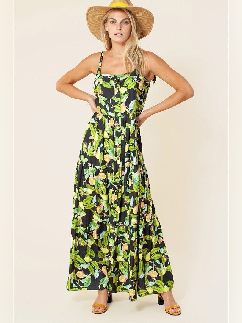 New Hale Bob Elbise Lemon Euro Summer Print Tiered Maxi Dress Size Xs